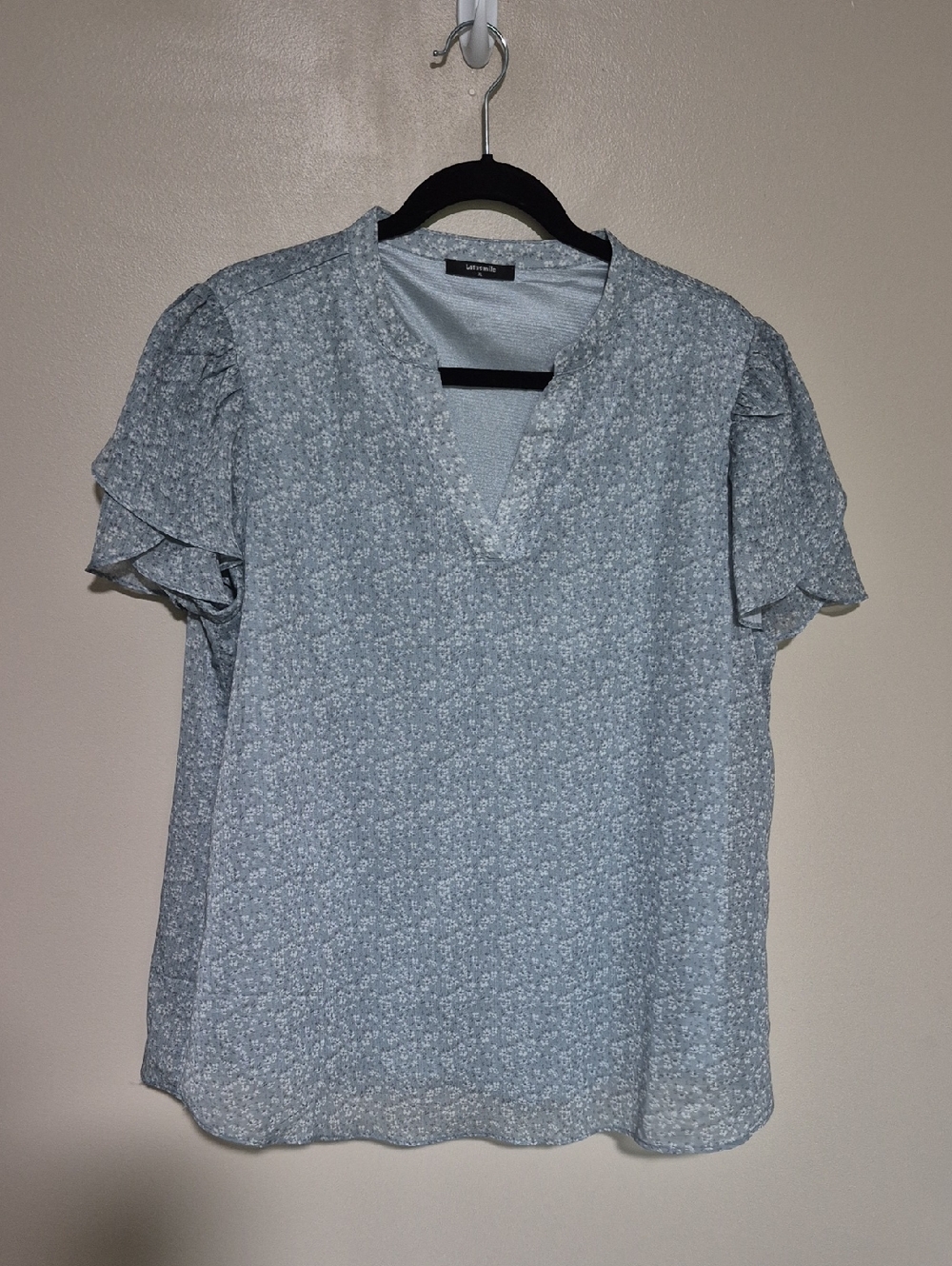 Dusty Blue Floral V-Neck Ruffle Sleeve Blouse